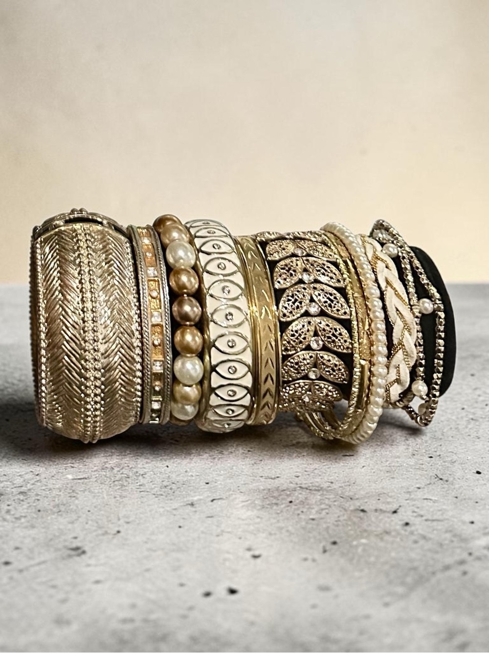 Signature Faith Curated Gold & Pearl Bracelet Stack Boho Textured Leaf BeadedSet